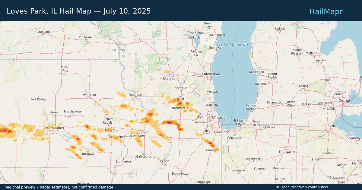 Loves Park, IL Hail Map — July 10, 2025 — regional heatmap and storm polygons