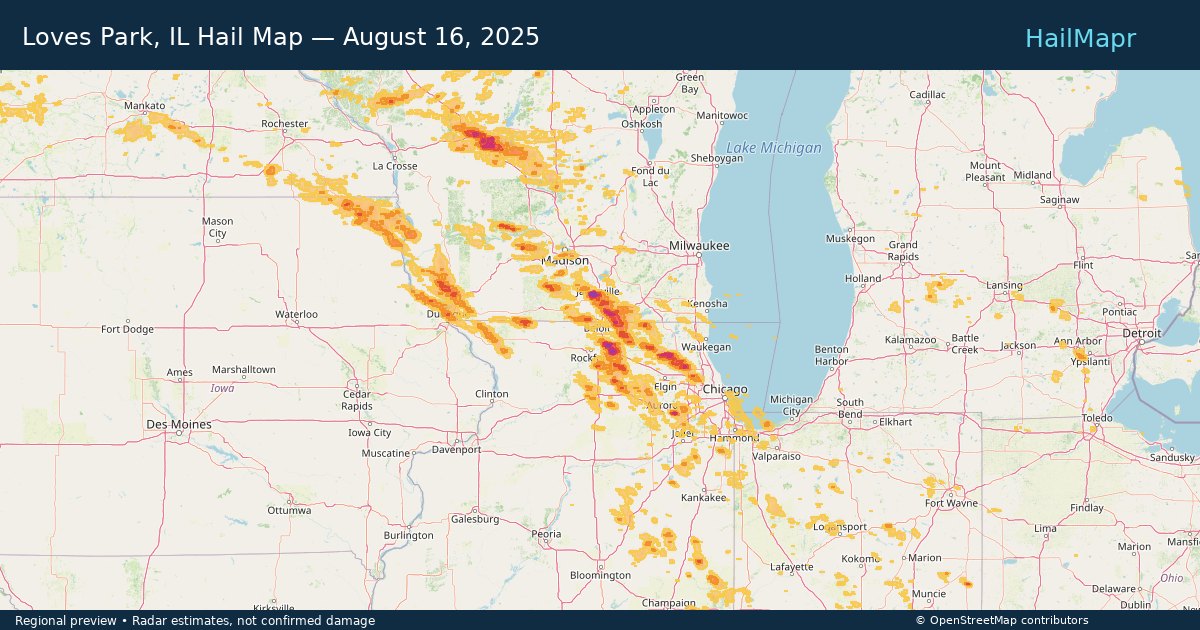 Loves Park, IL Hail Map — August 16, 2025 — regional heatmap and storm polygons