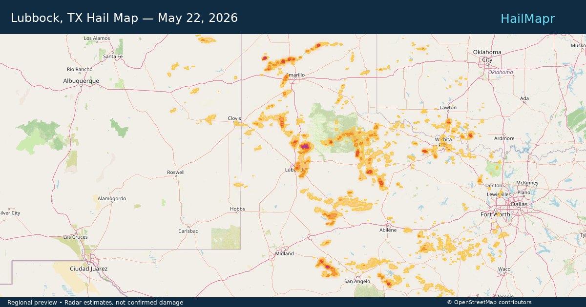 Lubbock, TX — May 22, 2026 — regional hail footprint preview