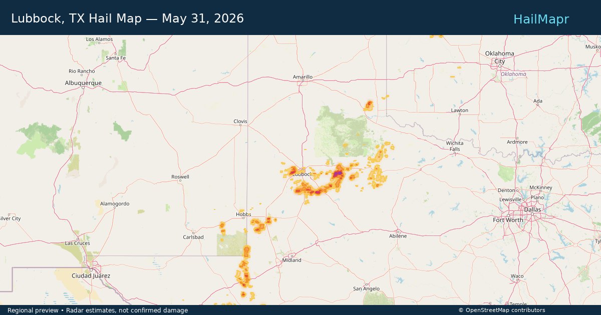 Lubbock, TX Hail Map — May 31, 2026 — regional heatmap and storm polygons