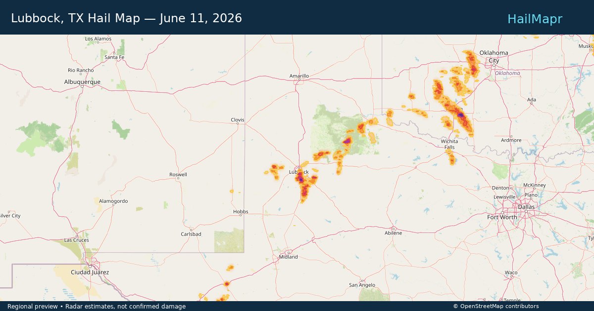 Lubbock, TX Hail Map — June 11, 2026 — regional heatmap and storm polygons