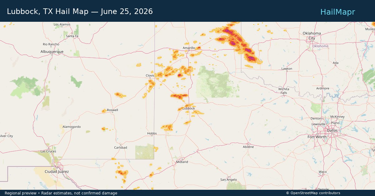 Lubbock, TX Hail Map — June 25, 2026 — regional heatmap and storm polygons