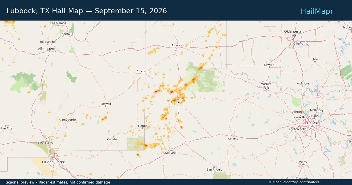 Lubbock, TX Hail Map — September 15, 2026 — regional heatmap and storm polygons