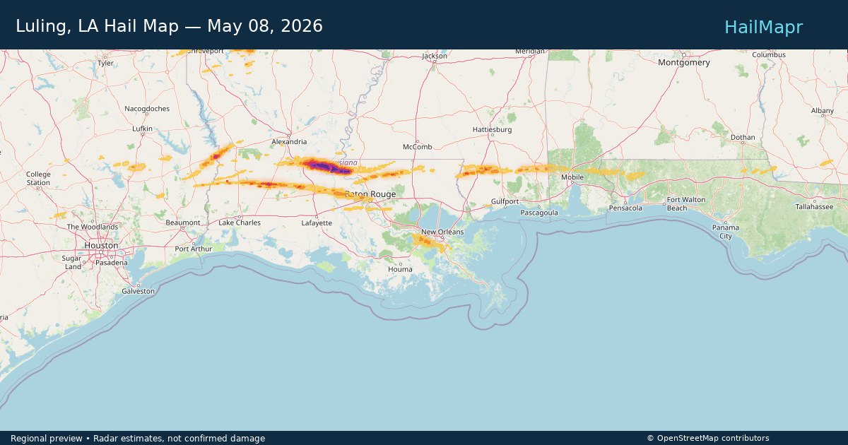 Luling, LA Hail Map — May 08, 2026 — regional heatmap and storm polygons