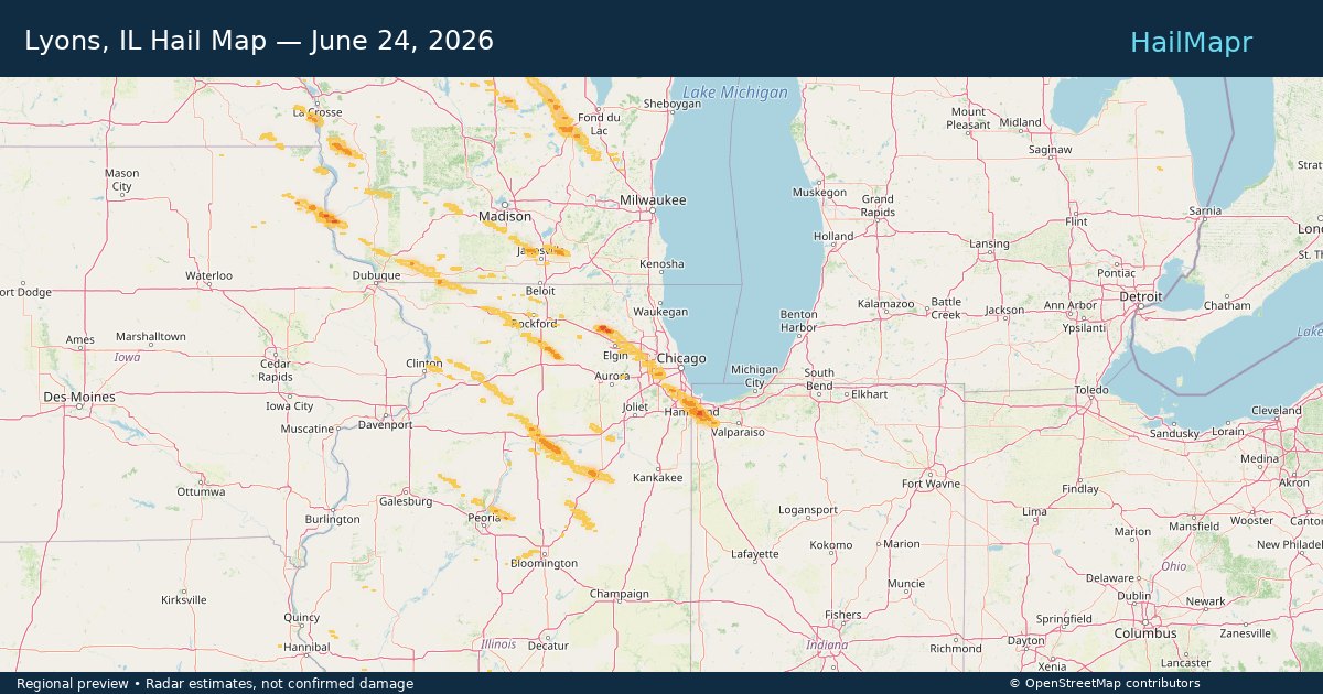 Lyons, IL — June 24, 2026 — regional hail footprint preview