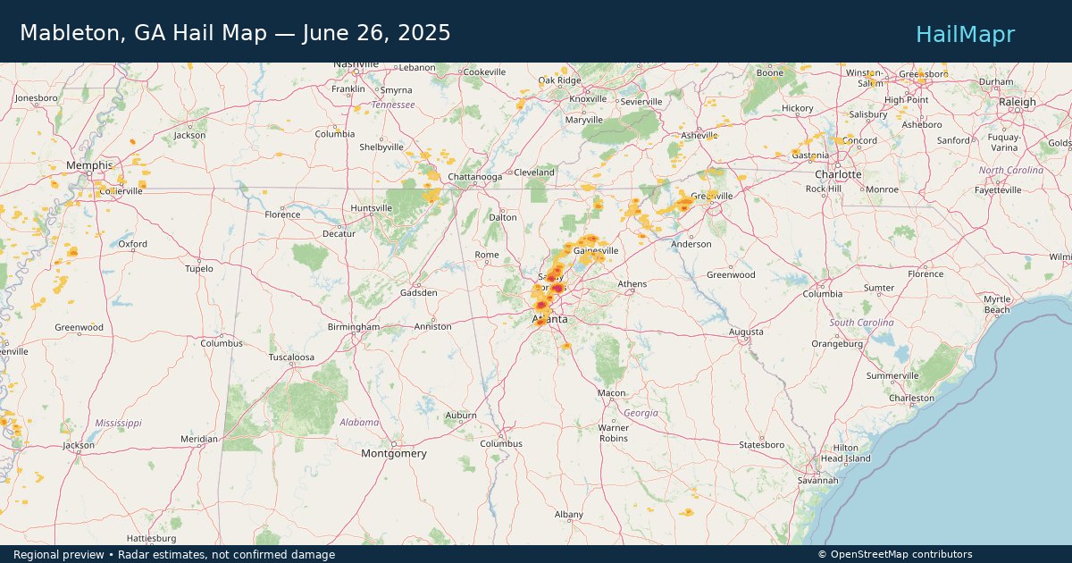 Mableton, GA Hail Map — June 26, 2025 — regional heatmap and storm polygons