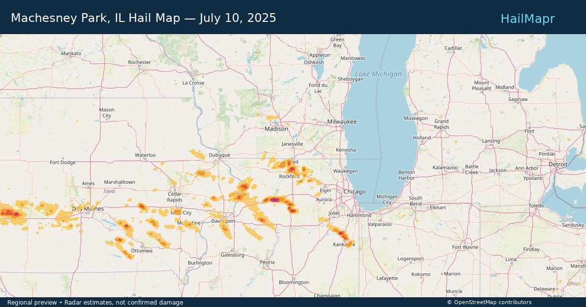 Machesney Park, IL Hail Map — July 10, 2025 — regional heatmap and storm polygons