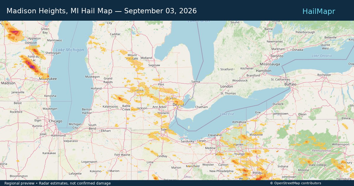 Madison Heights, MI Hail Map — September 03, 2026 — regional heatmap and storm polygons