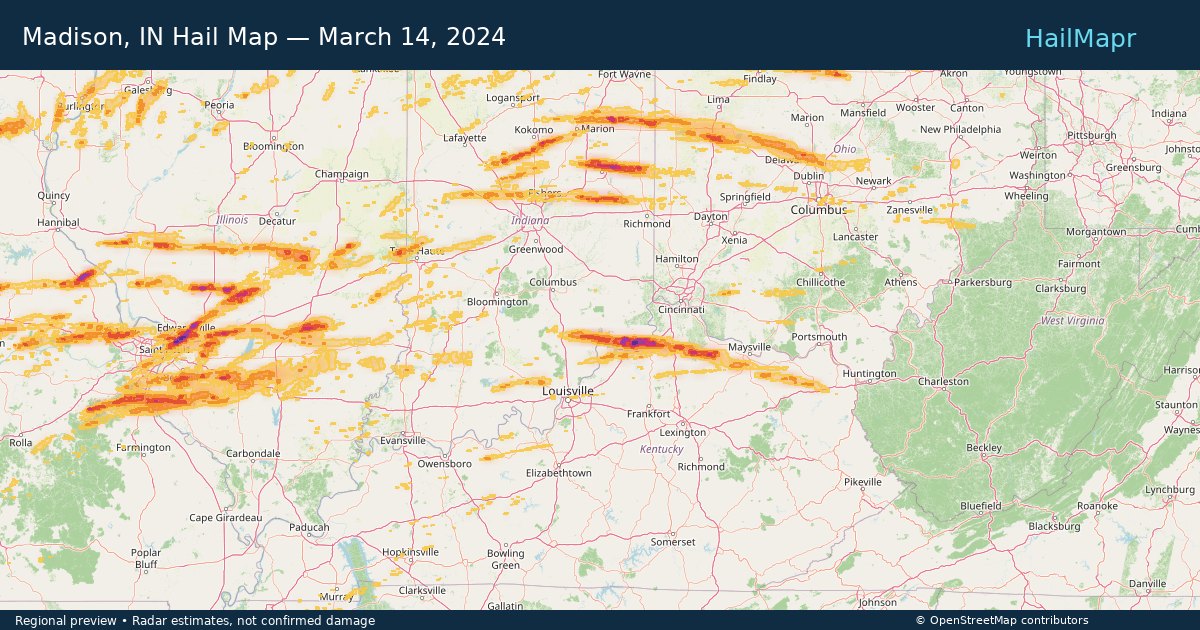 Madison, IN Hail Map — March 14, 2024 — regional heatmap and storm polygons