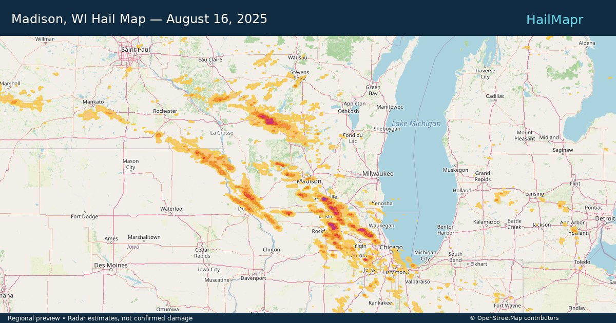 Madison, WI Hail Map — August 16, 2025 — regional heatmap and storm polygons