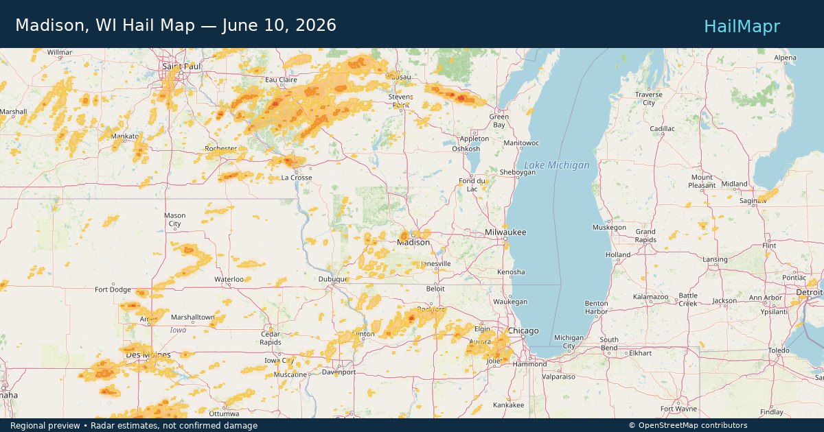 Madison, WI — June 10, 2026 — regional hail footprint preview