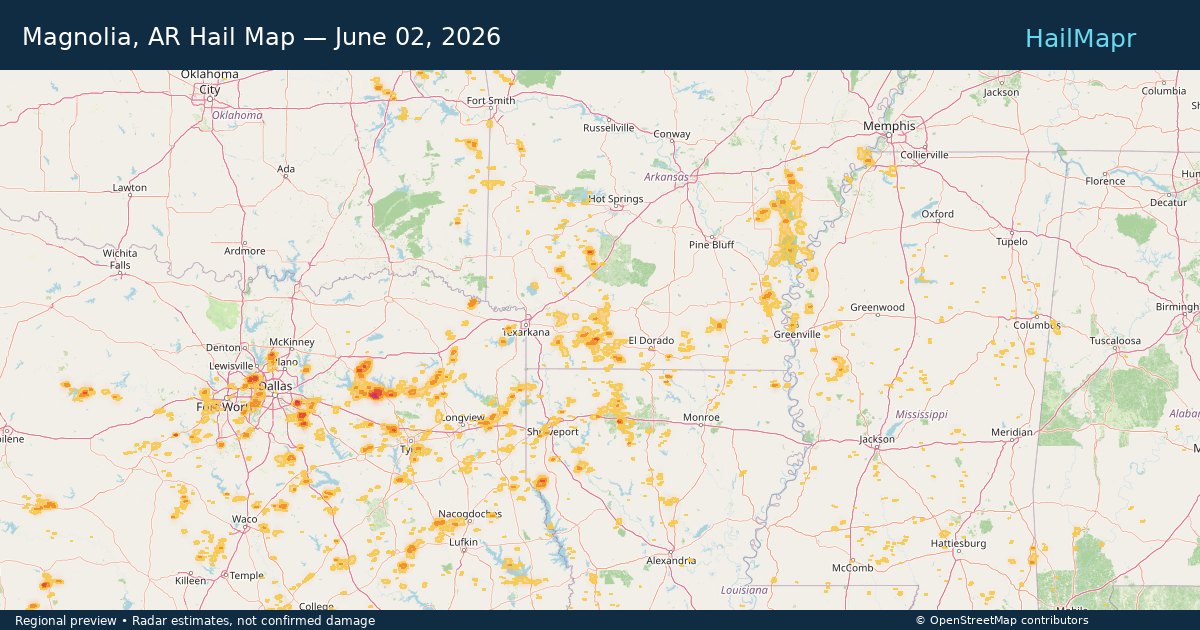 Magnolia, AR Hail Map — June 02, 2026 — regional heatmap and storm polygons