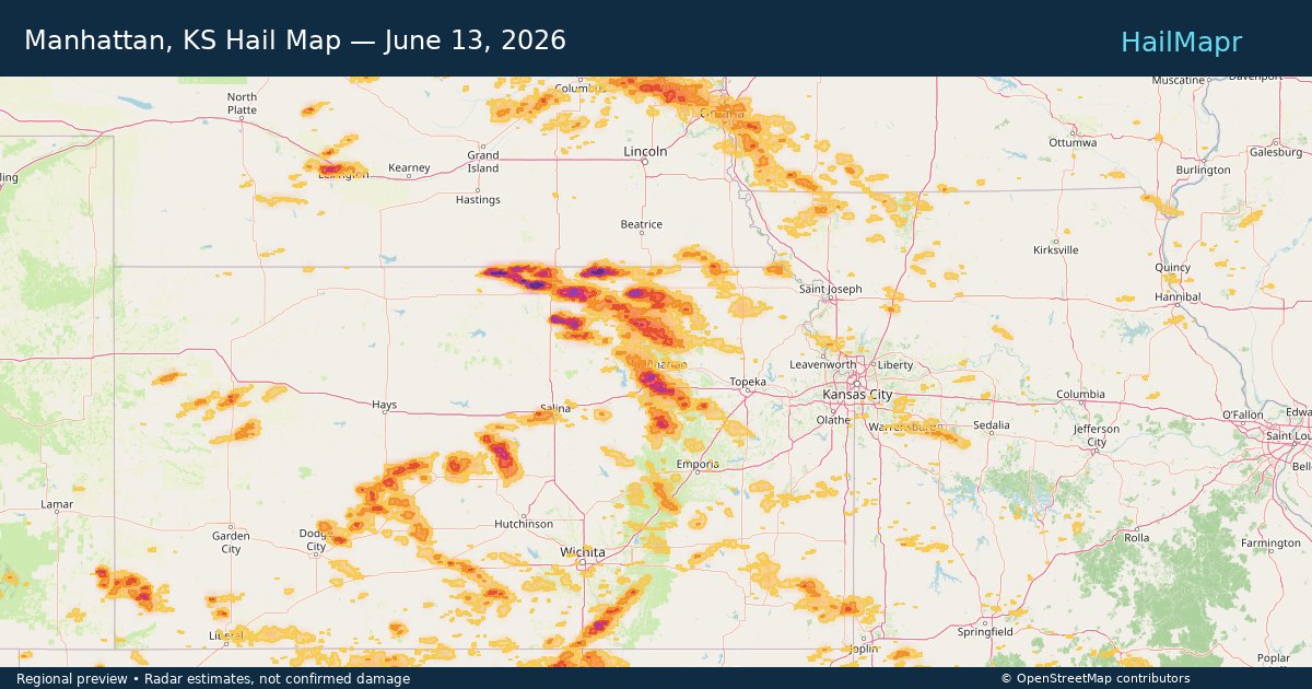 Manhattan, KS Hail Map — June 13, 2026 — regional heatmap and storm polygons