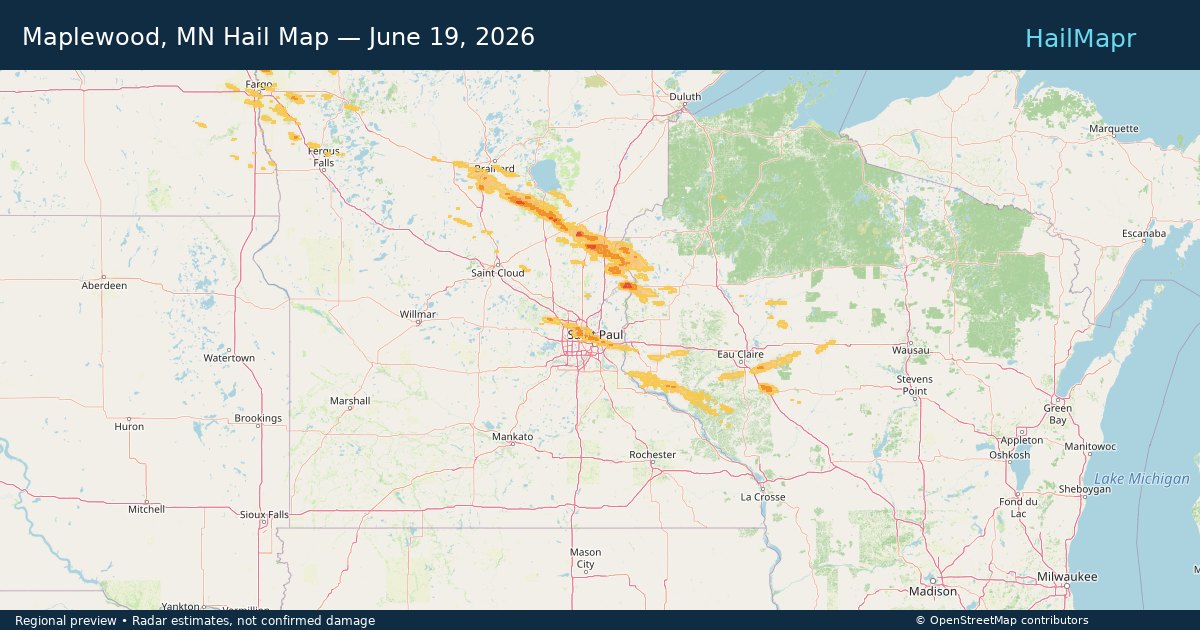 Maplewood, MN Hail Map — June 19, 2026 — regional heatmap and storm polygons