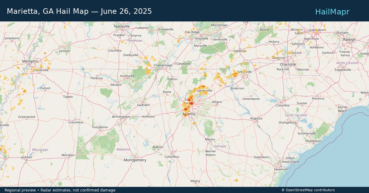 Marietta, GA — June 26, 2025 — regional hail footprint preview