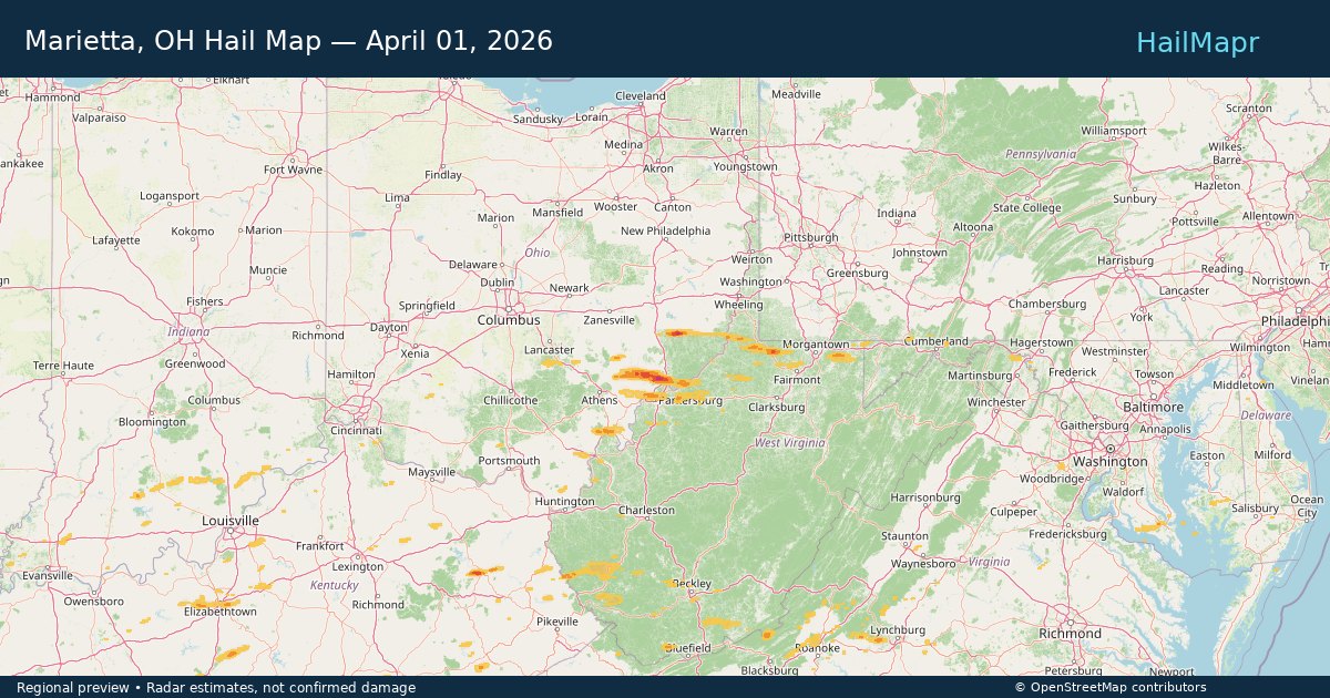 Marietta, OH Hail Map — April 01, 2026 — regional heatmap and storm polygons