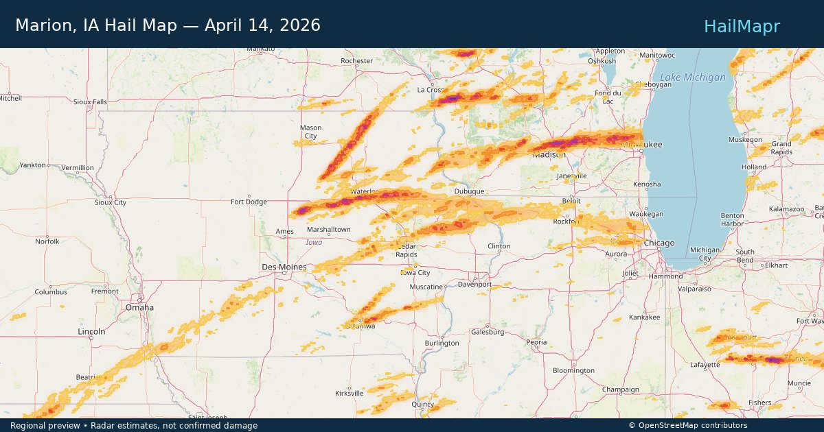 Marion, IA — April 14, 2026 — regional hail footprint preview