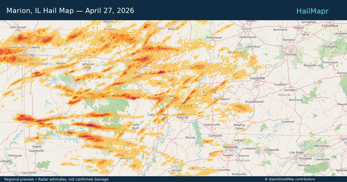 Marion, IL Hail Map — April 27, 2026 — regional heatmap and storm polygons