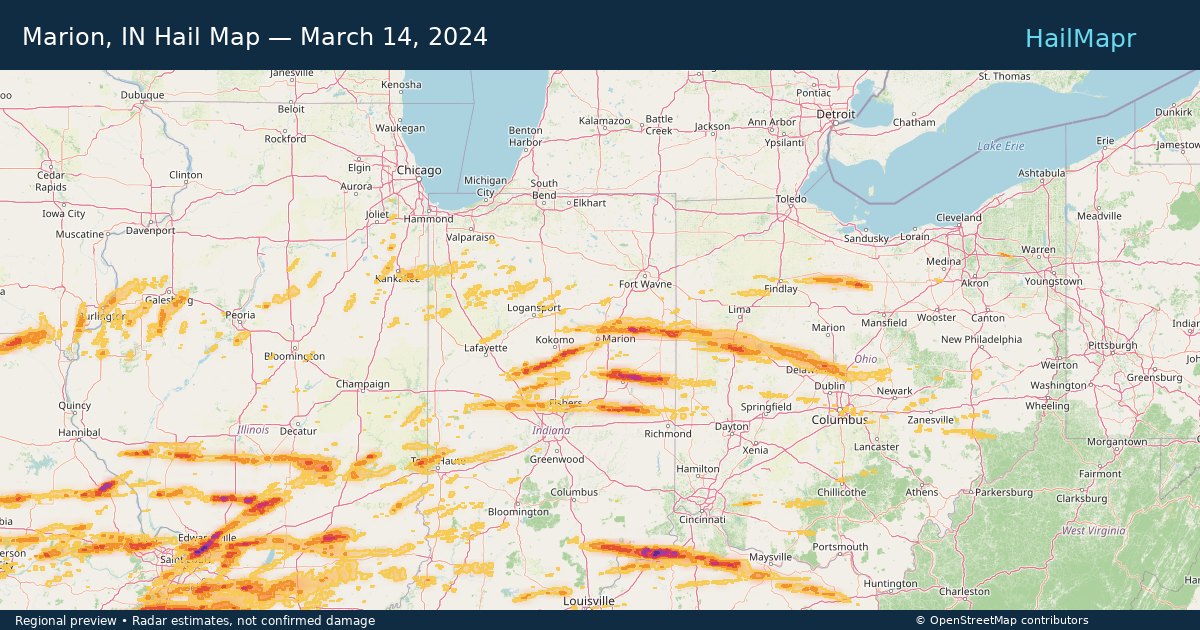 Marion, IN Hail Map — March 14, 2024 — regional heatmap and storm polygons