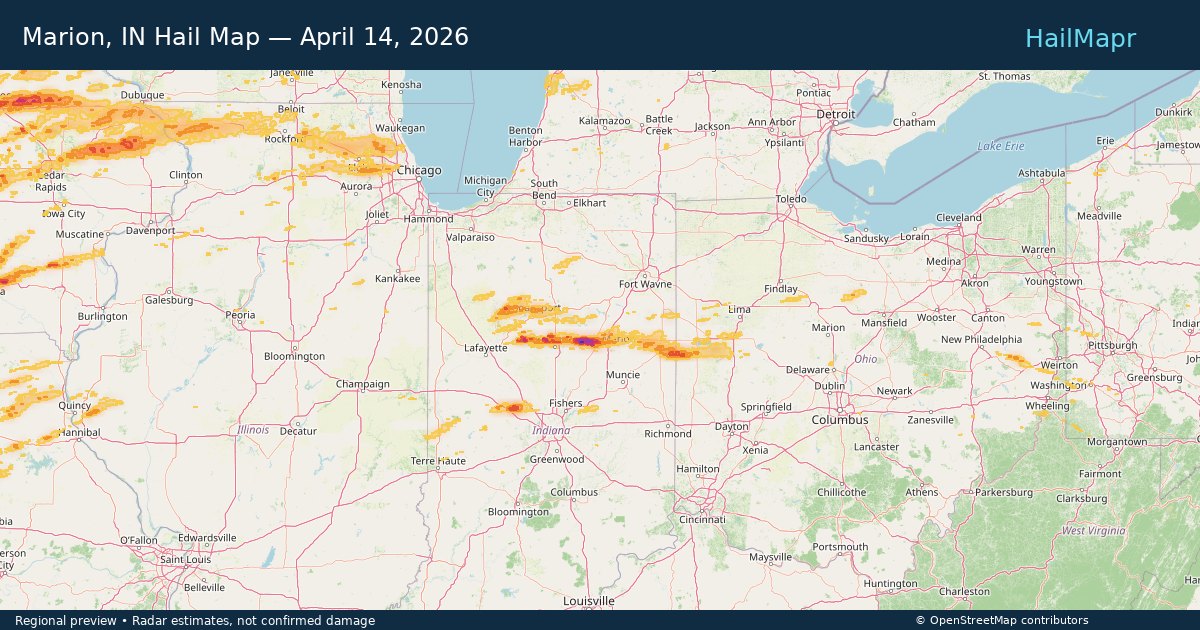 Marion, IN Hail Map — April 14, 2026 — regional heatmap and storm polygons