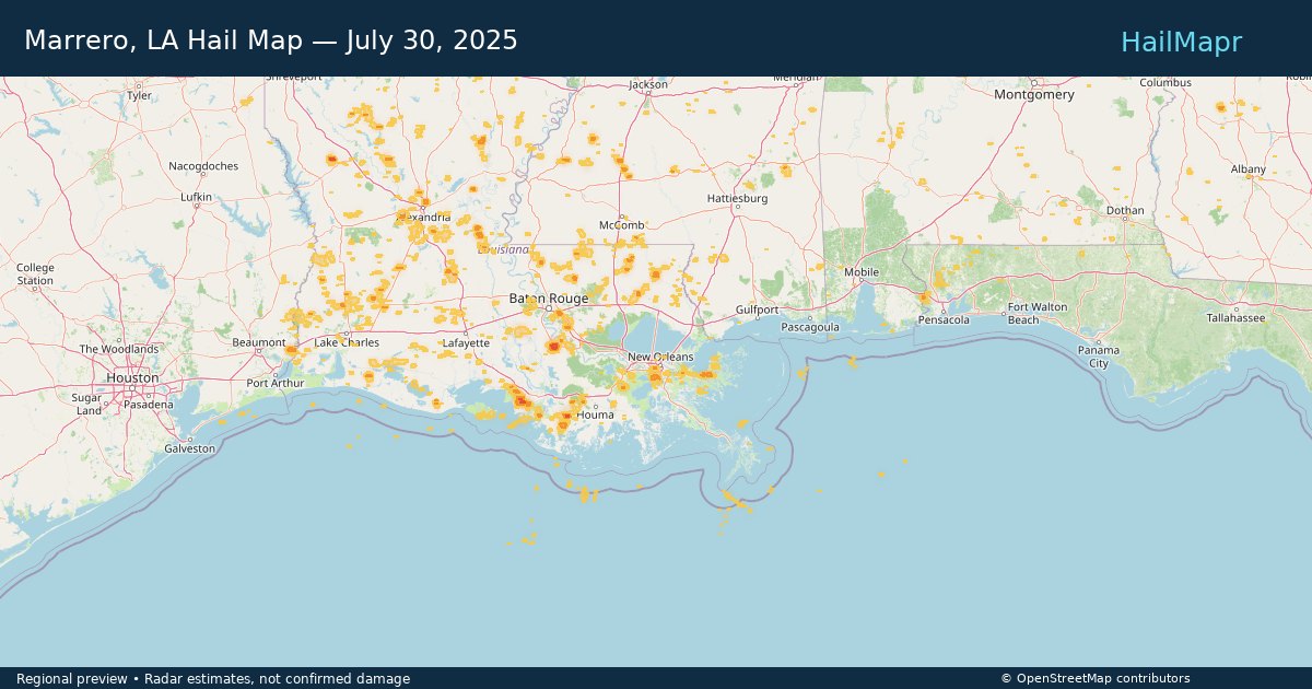 Marrero, LA Hail Map — July 30, 2025 — regional heatmap and storm polygons