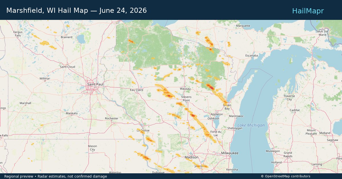 Marshfield, WI Hail Map — June 24, 2026 — regional heatmap and storm polygons
