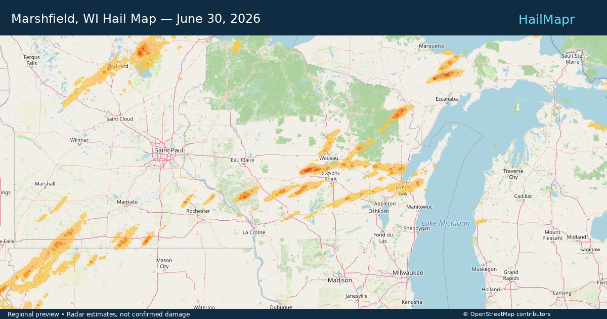 Marshfield, WI Hail Map — June 30, 2026 — regional heatmap and storm polygons