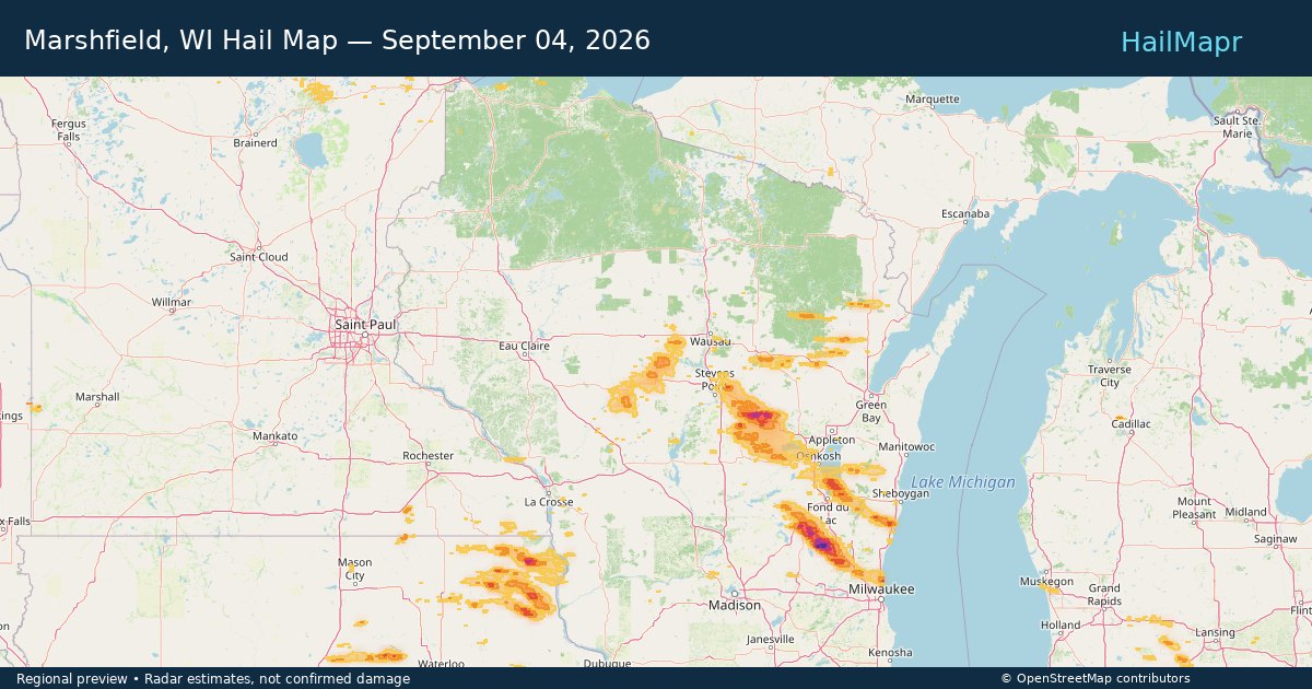 Marshfield, WI Hail Map — September 04, 2026 — regional heatmap and storm polygons