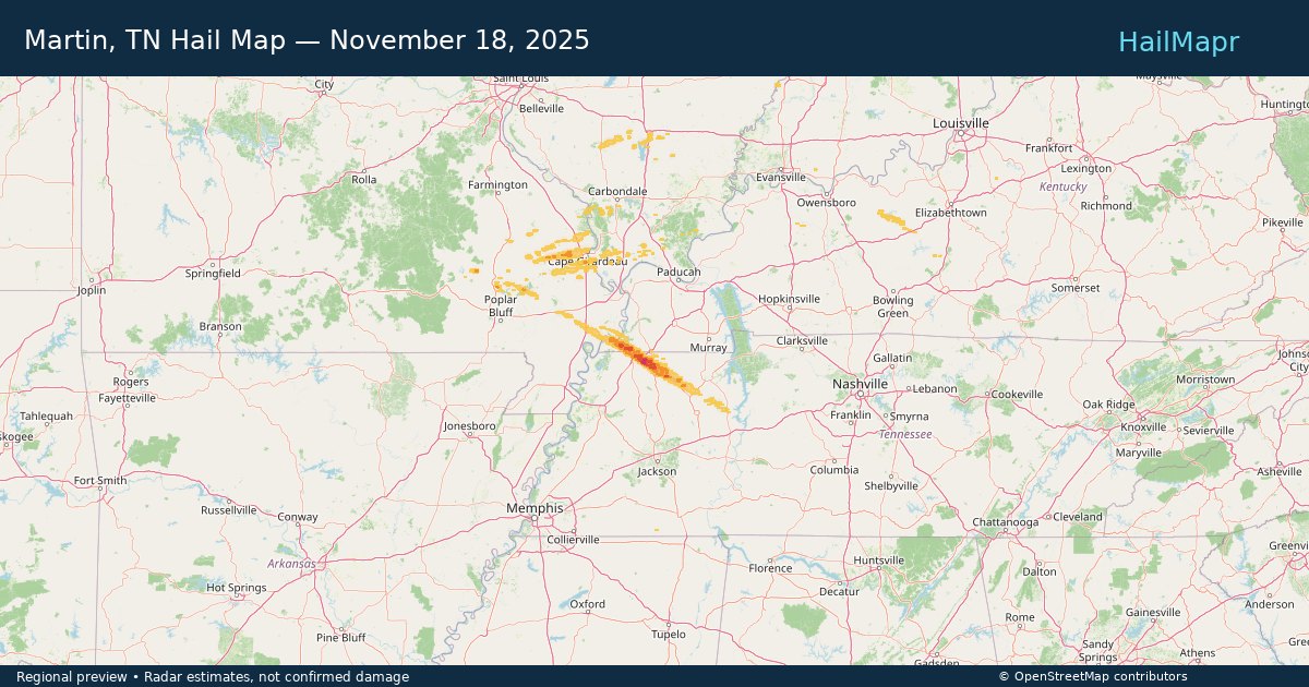 Martin, TN Hail Map — November 18, 2025 — regional heatmap and storm polygons