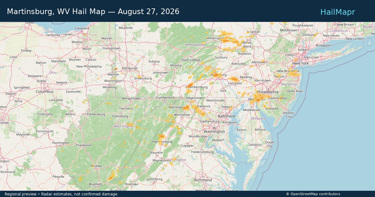 Martinsburg, WV Hail Map — August 27, 2026 — regional heatmap and storm polygons