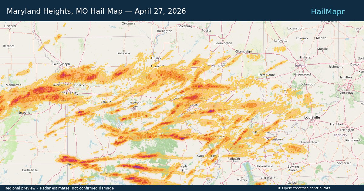 Maryland Heights, MO Hail Map — April 27, 2026 — regional heatmap and storm polygons