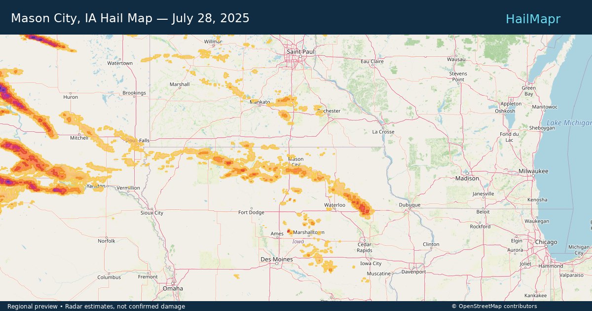 Mason City, IA Hail Map — July 28, 2025 — regional heatmap and storm polygons