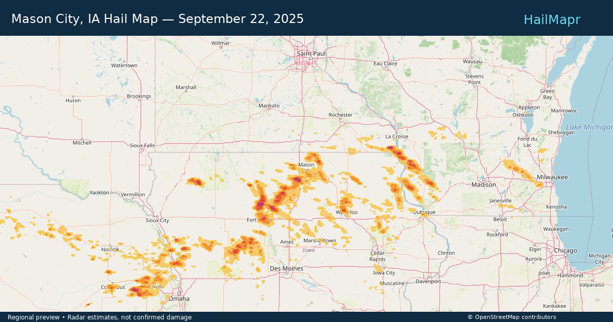 Mason City, IA Hail Map — September 22, 2025 — regional heatmap and storm polygons