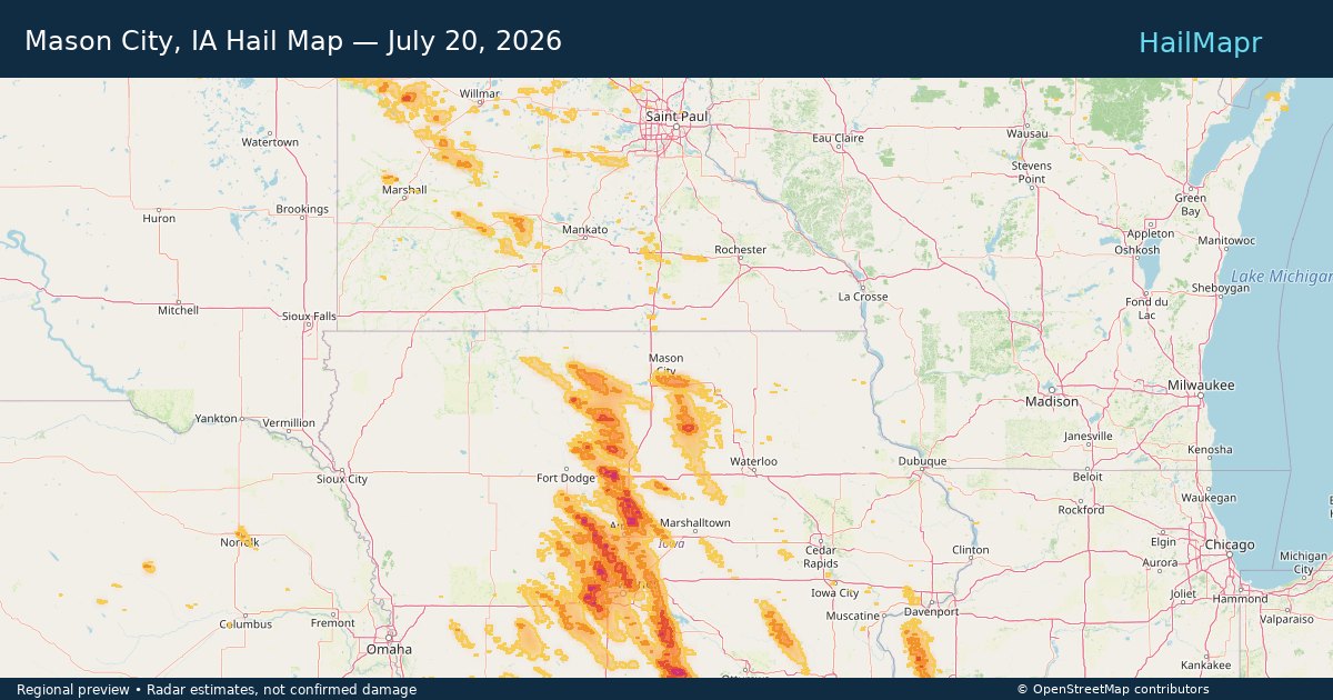 Mason City, IA — July 20, 2026 — regional hail footprint preview