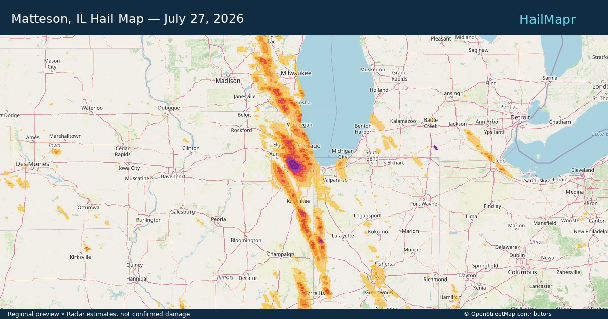 Matteson, IL Hail Map — July 27, 2026 — regional heatmap and storm polygons