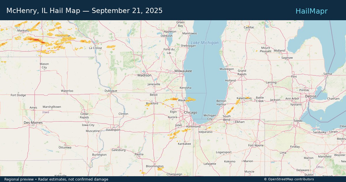 McHenry, IL Hail Map — September 21, 2025 — regional heatmap and storm polygons