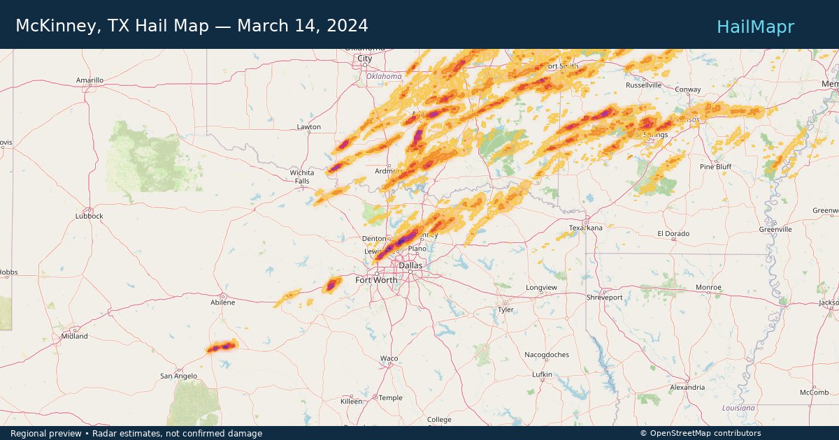 McKinney, TX Hail Map — March 14, 2024 — regional heatmap and storm polygons