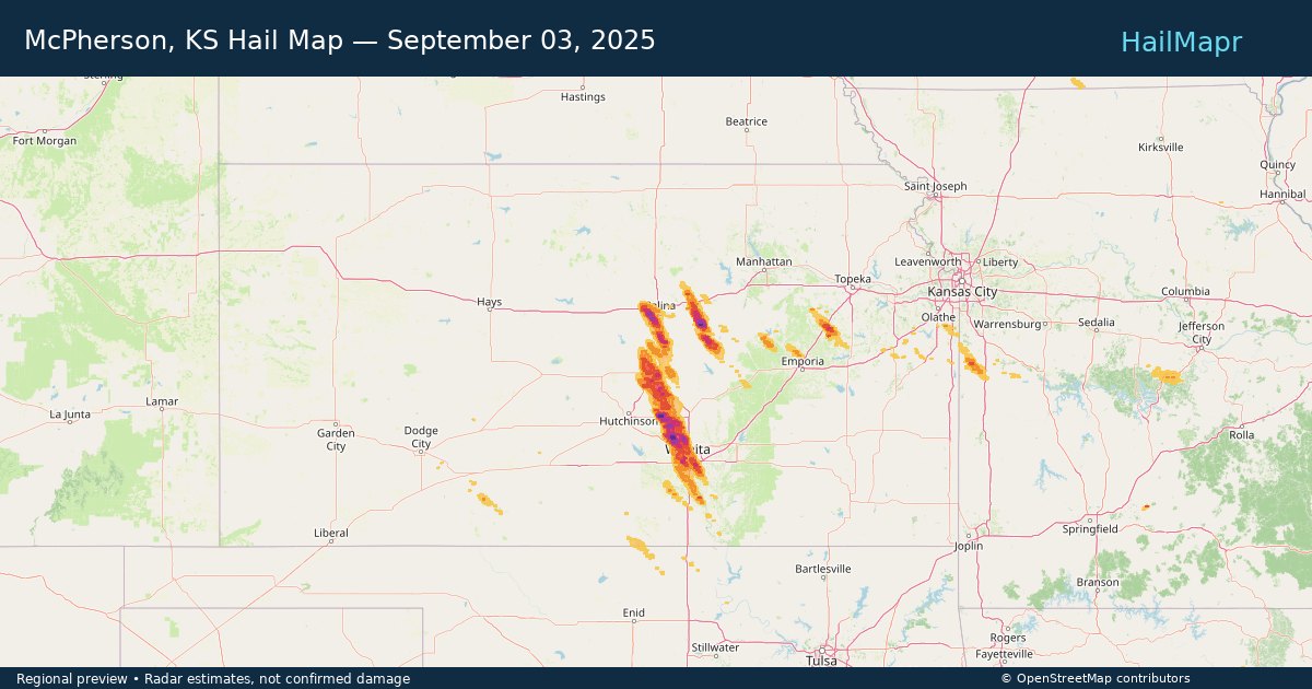 McPherson, KS Hail Map — September 03, 2025 — regional heatmap and storm polygons