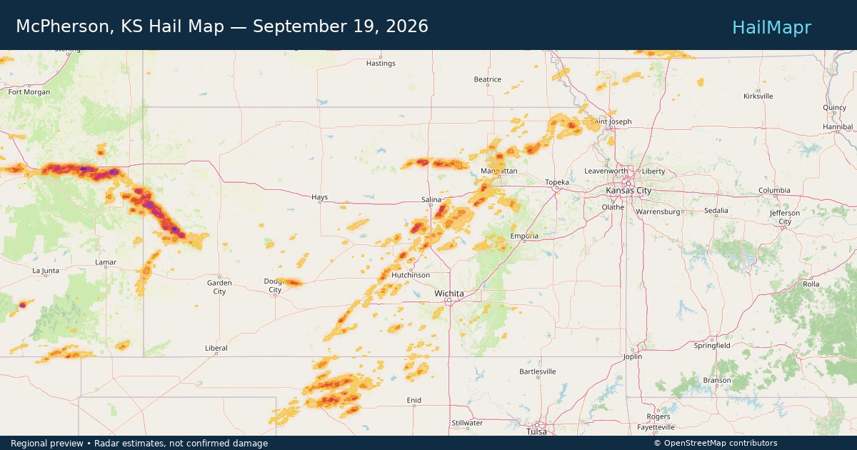 McPherson, KS Hail Map — September 19, 2026 — regional heatmap and storm polygons