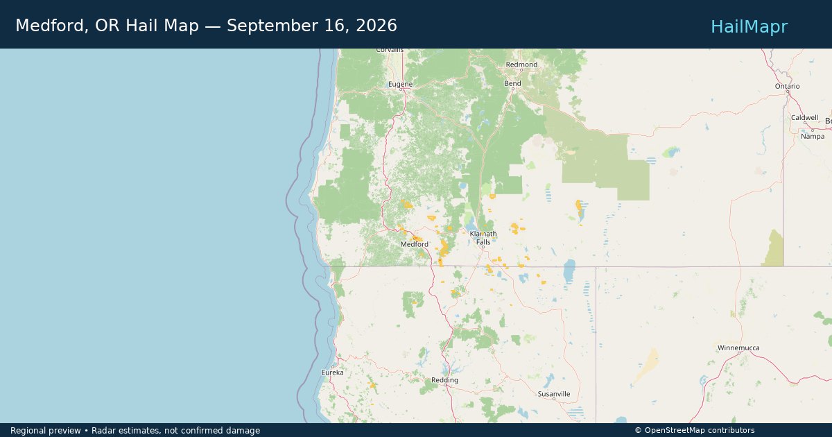 Medford, OR Hail Map — September 16, 2026 — regional heatmap and storm polygons