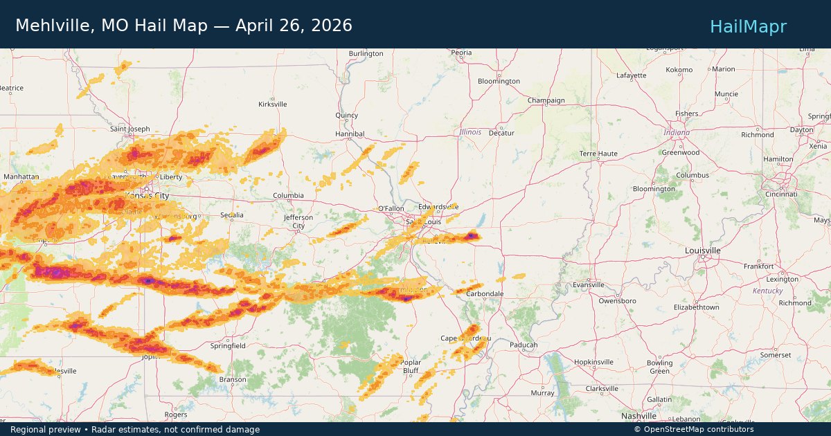 Mehlville, MO Hail Map — April 26, 2026 — regional heatmap and storm polygons