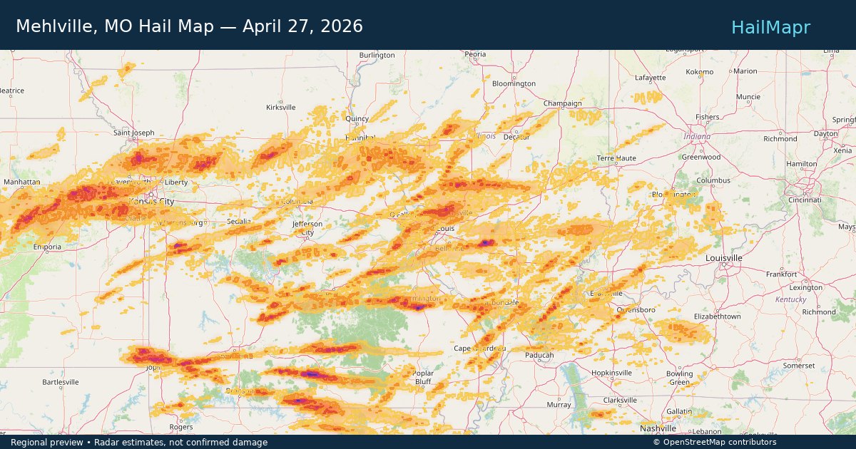 Mehlville, MO Hail Map — April 27, 2026 — regional heatmap and storm polygons