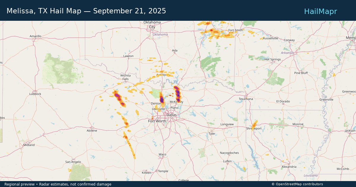 Melissa, TX Hail Map — September 21, 2025 — regional heatmap and storm polygons