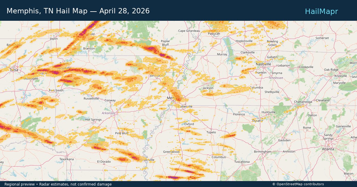 Memphis, TN Hail Map — April 28, 2026 — regional heatmap and storm polygons