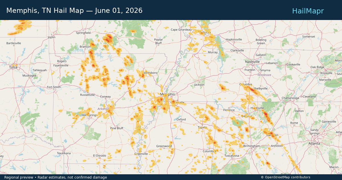 Memphis, TN Hail Map — June 01, 2026 — regional heatmap and storm polygons