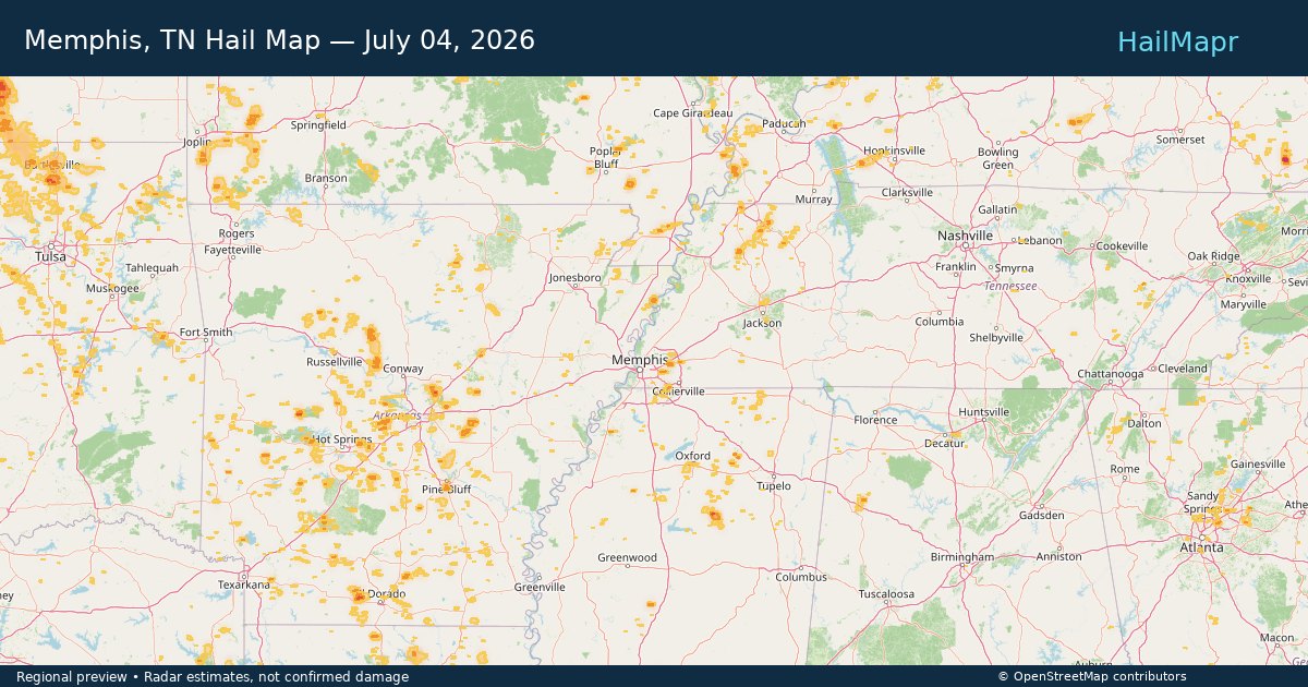 Memphis, TN Hail Map — July 04, 2026 — regional heatmap and storm polygons
