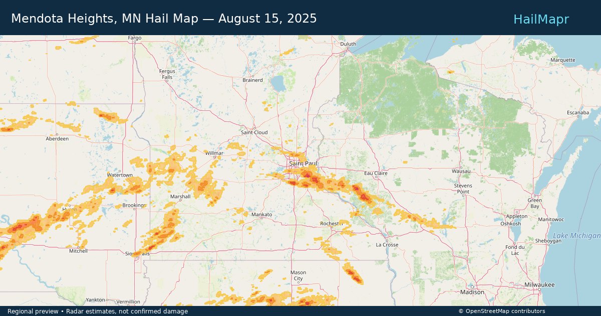 Mendota Heights, MN Hail Map — August 15, 2025 — regional heatmap and storm polygons