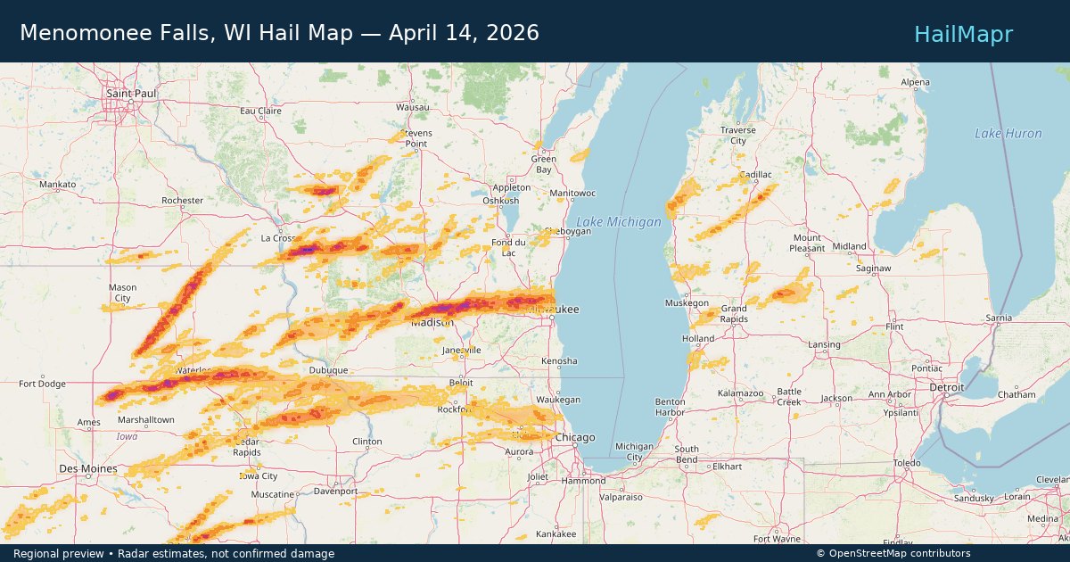 Menomonee Falls, WI Hail Map — April 14, 2026 — regional heatmap and storm polygons