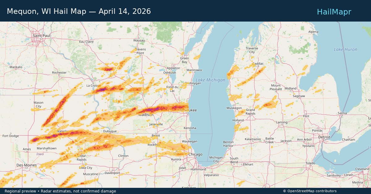 Mequon, WI Hail Map — April 14, 2026 — regional heatmap and storm polygons
