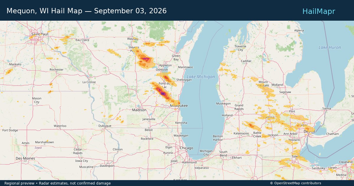 Mequon, WI Hail Map — September 03, 2026 — regional heatmap and storm polygons